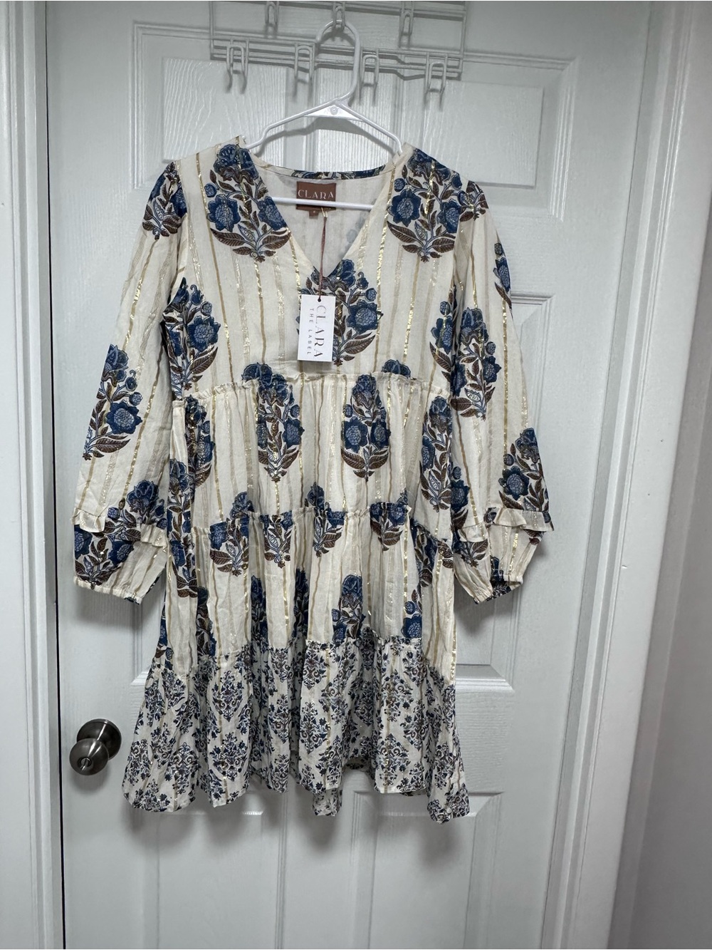 Clara Cream Midi Dress with Blue Floral Motif